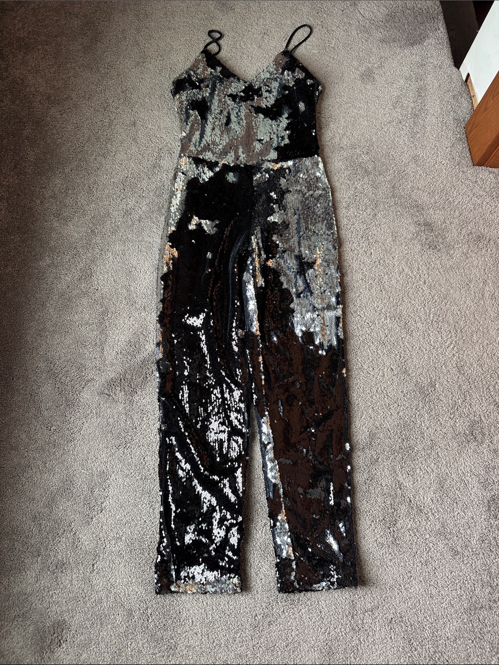 Love J Sequin Jumpsuit Black Silver Spaghetti Strap Party Glam SIZE S NWT